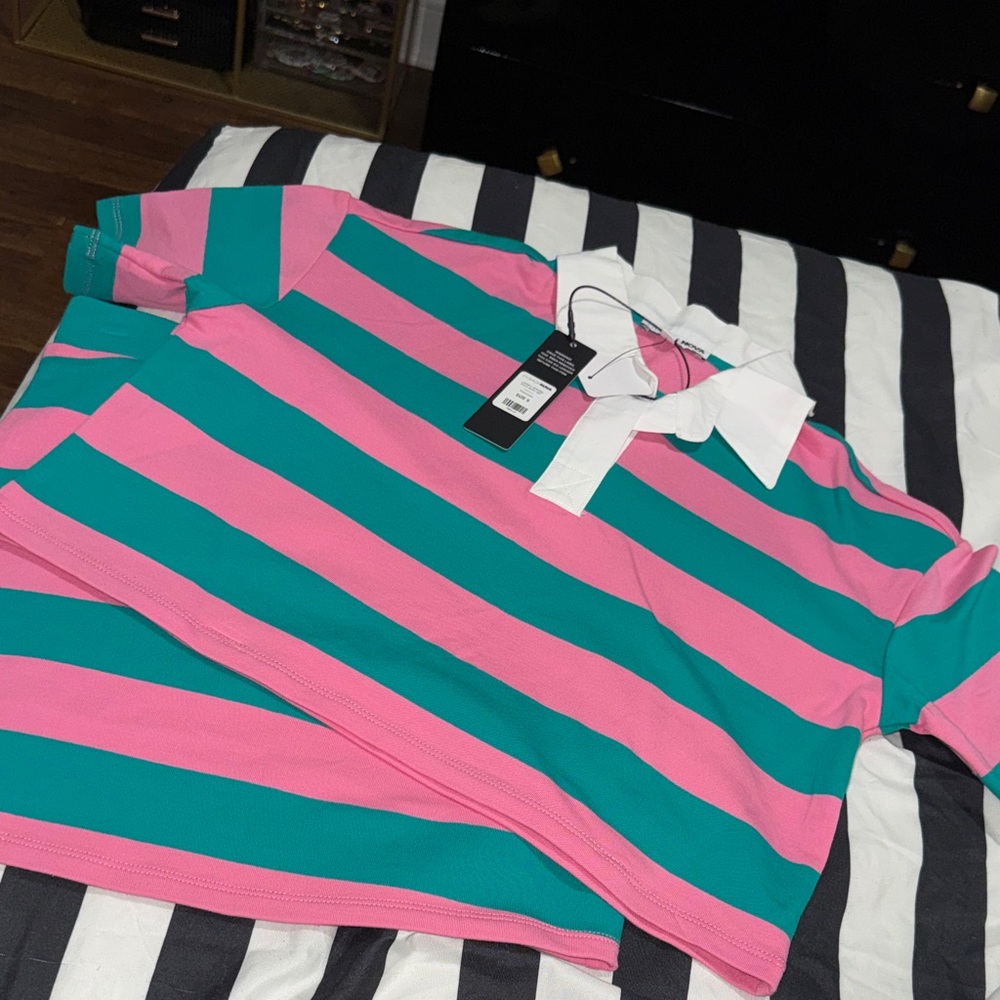 Fashion Nova Set Pink & Teal Striped Polo Shirt with White Collar